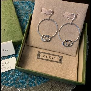 NWT Sterling Silver Gucci GG Logo Britt Hoops